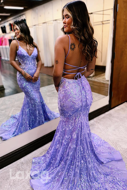 22135 - Spaghetti Straps V-Neck Backless Appliques Mermaid Party Prom Formal Evening Dress