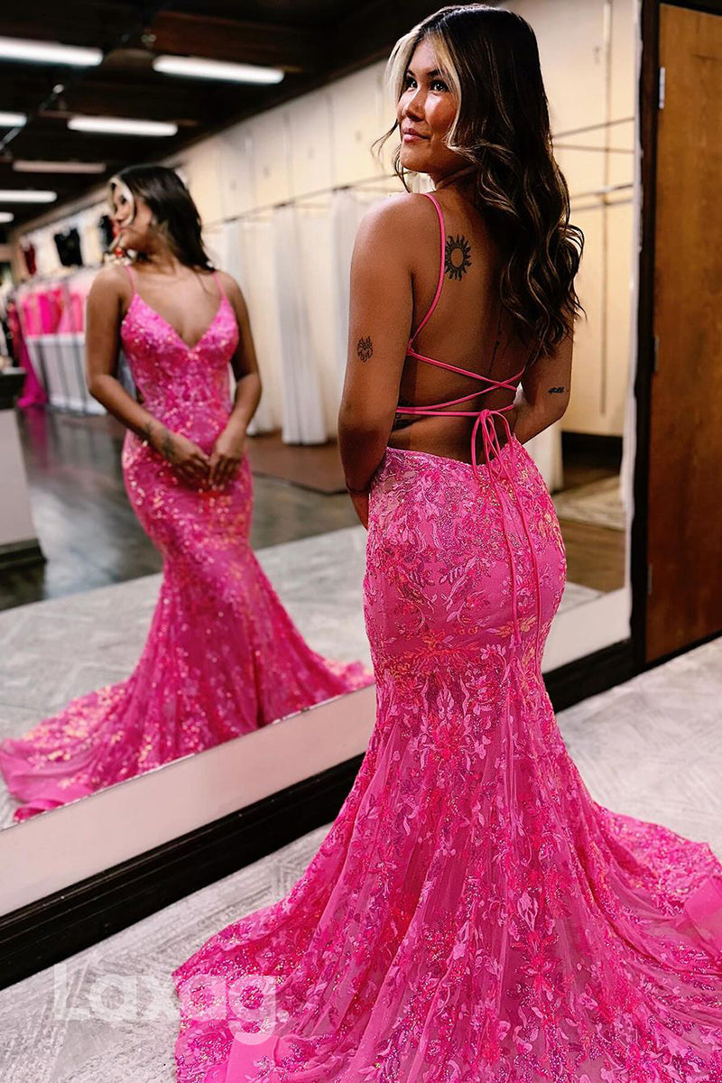 22135 - Spaghetti Straps V-Neck Backless Appliques Mermaid Party Prom Formal Evening Dress