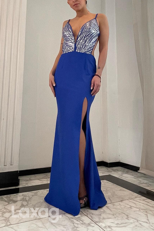 22699 - Spaghetti Straps Backless Sequins Mermaid Party Prom Formal Evening Dress with Slit
