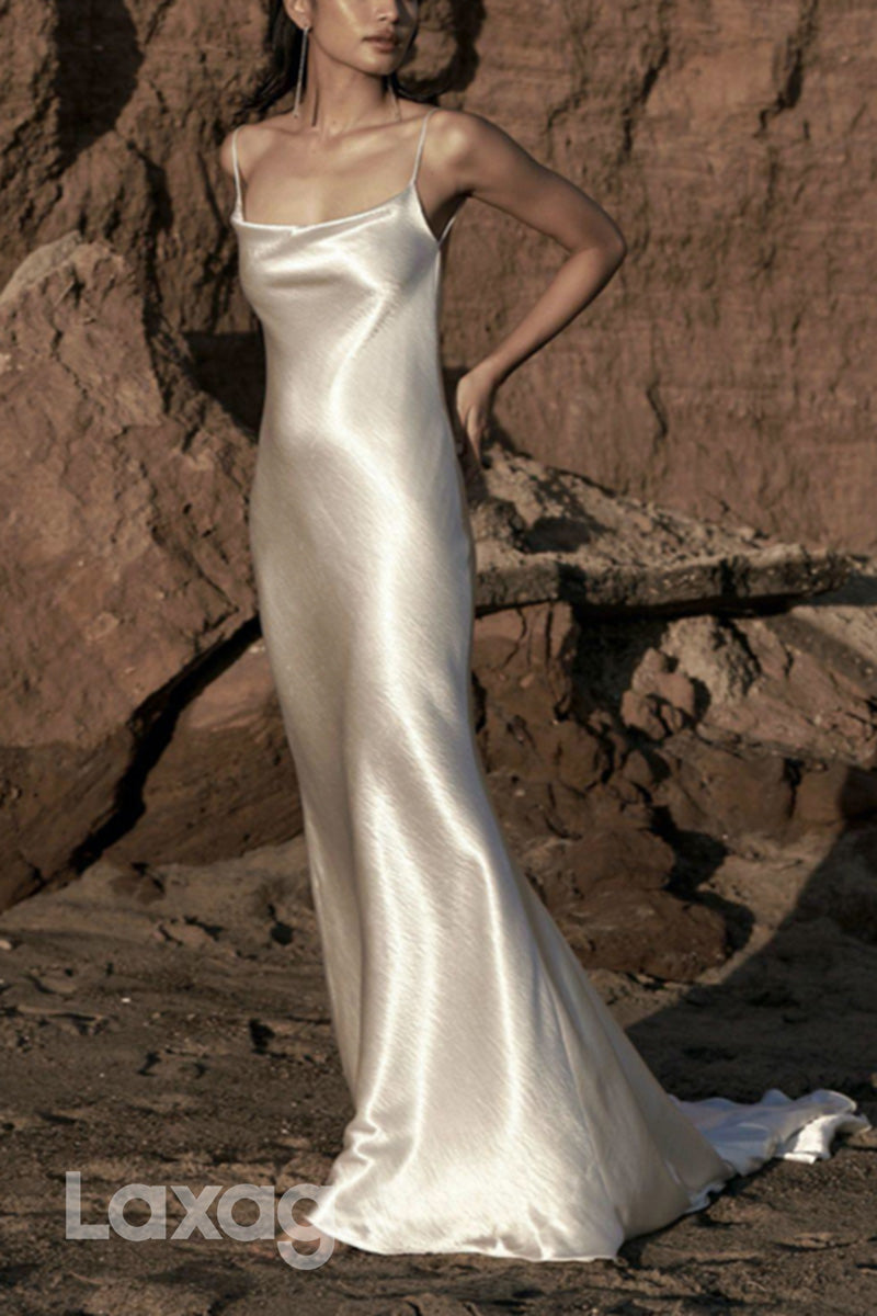 22980 - Spaghetti Straps Backless Sleek Satin Elegant Wedding Dress with Train