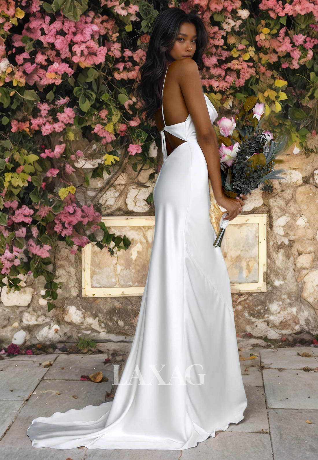 Spaghetti Straps Backless Sleek Satin Elegant Wedding Dress with Train