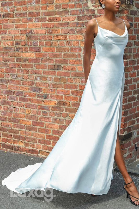 22866 - Spaghetti Straps Backless Sleek Satin High Slit Wedding Dress with Train