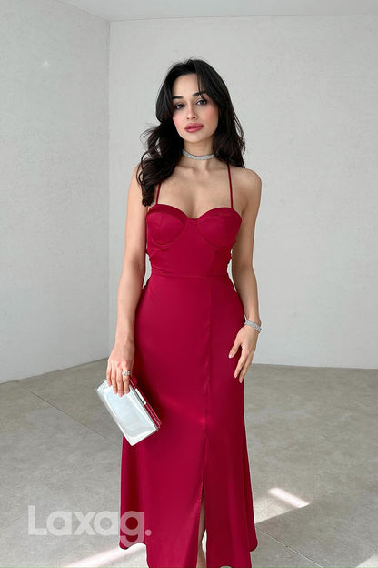 22281 - Spaghetti Straps Backless Sleek Satin Party Prom Formal Evening Dress