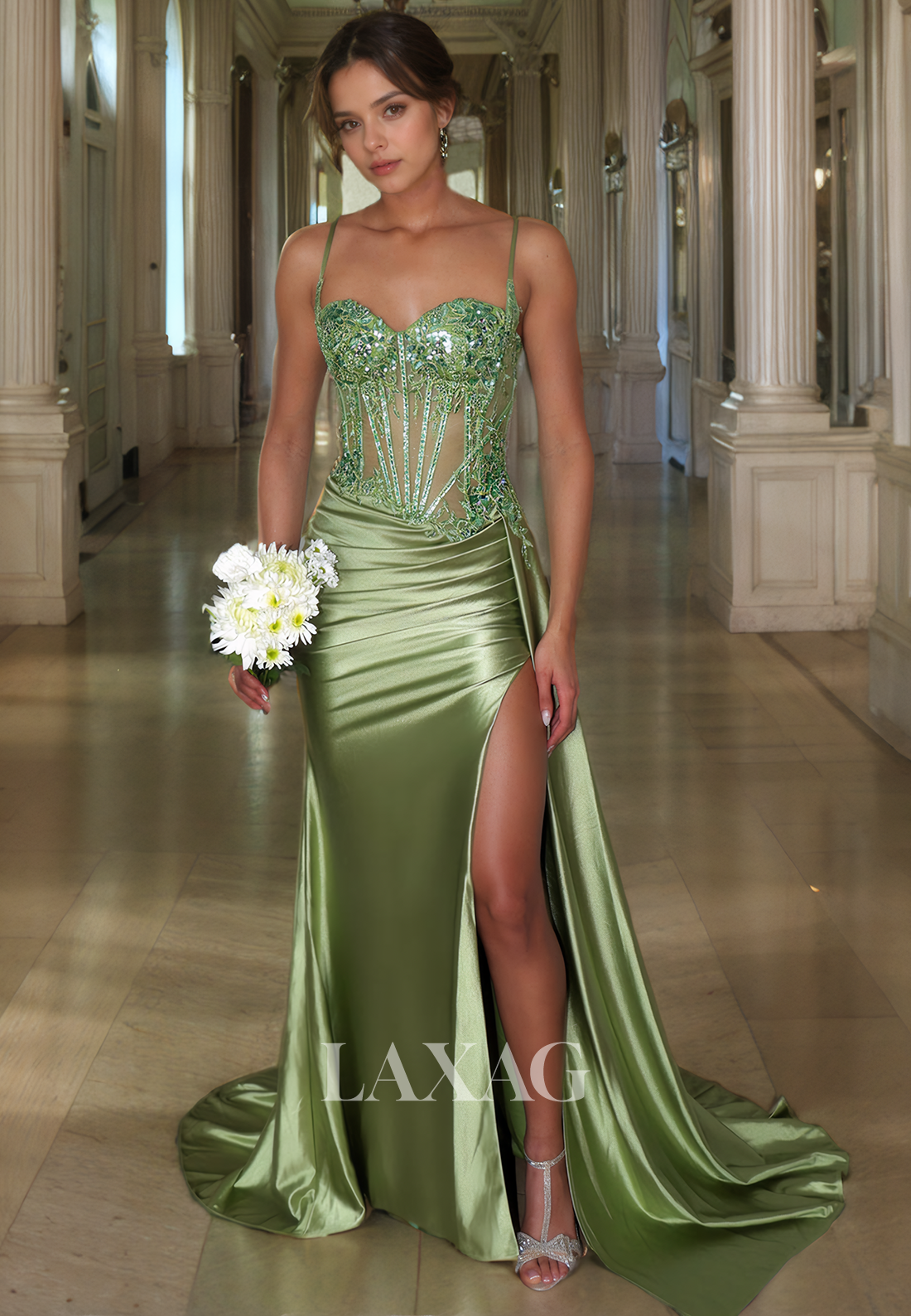 Spaghetti Straps Beaded Mermaid Party Prom Formal Evening Dress with Slit