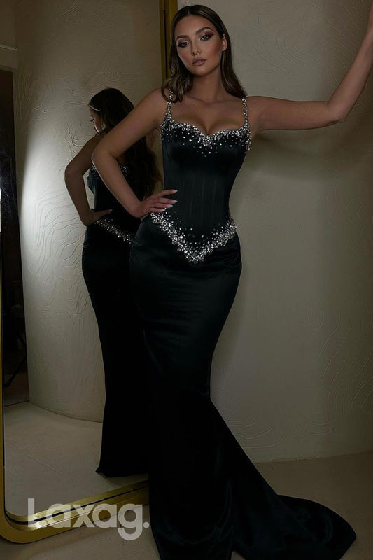 22099 - Spaghetti Straps Beaded Sleek Satin Fitted Mermaid Party Prom Formal Evening Dress