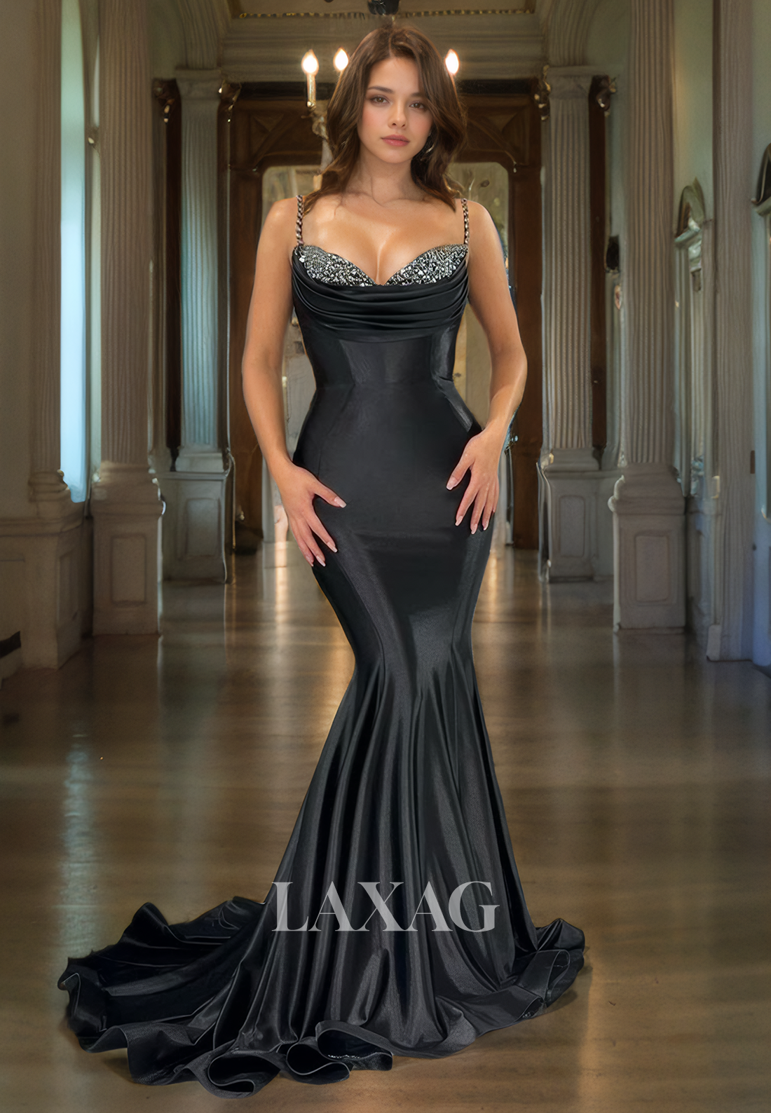 22184 - Spaghetti Straps Beaded Sleek Satin Mermaid Prom Formal Evening Dress