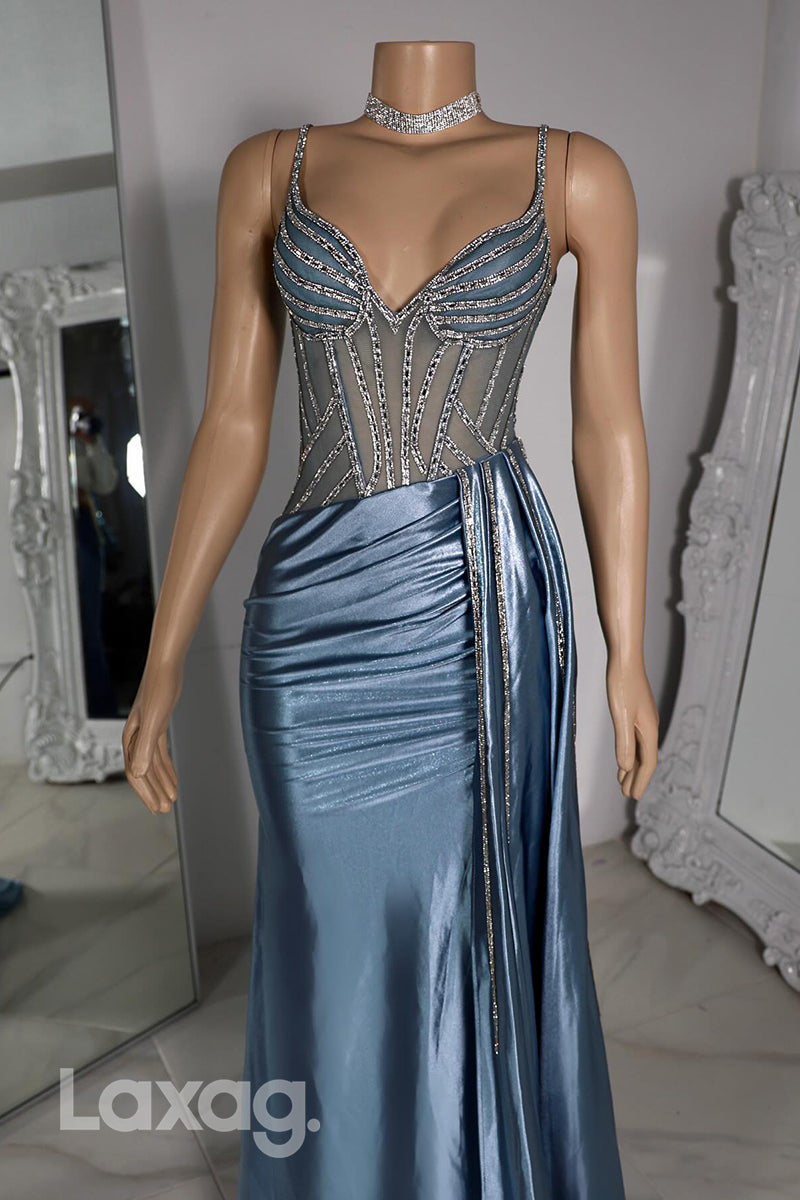 22394 - Spaghetti Straps Beaded Sleek Satin Mermaid Prom Dresses for Black Girl Slay