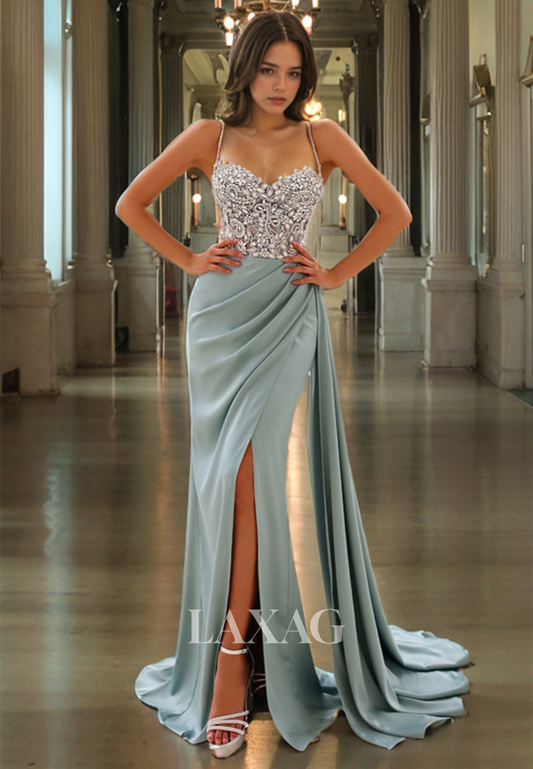 Spaghetti Straps Beaded Sleek Satin Party Prom Formal Evening Dress with Slit