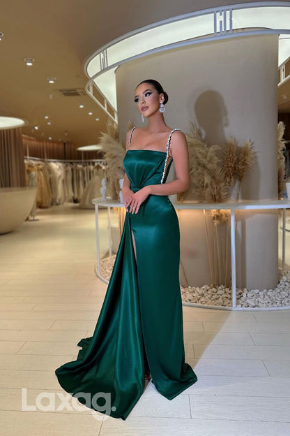 22110 - Spaghetti Straps Beaded Sleek Satin Party Prom Formal Evening Dress with High slit