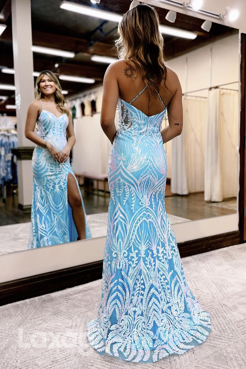 22140 - Spaghetti Straps Beaded illusion  Appliques High Slit Mermaid Prom Dress