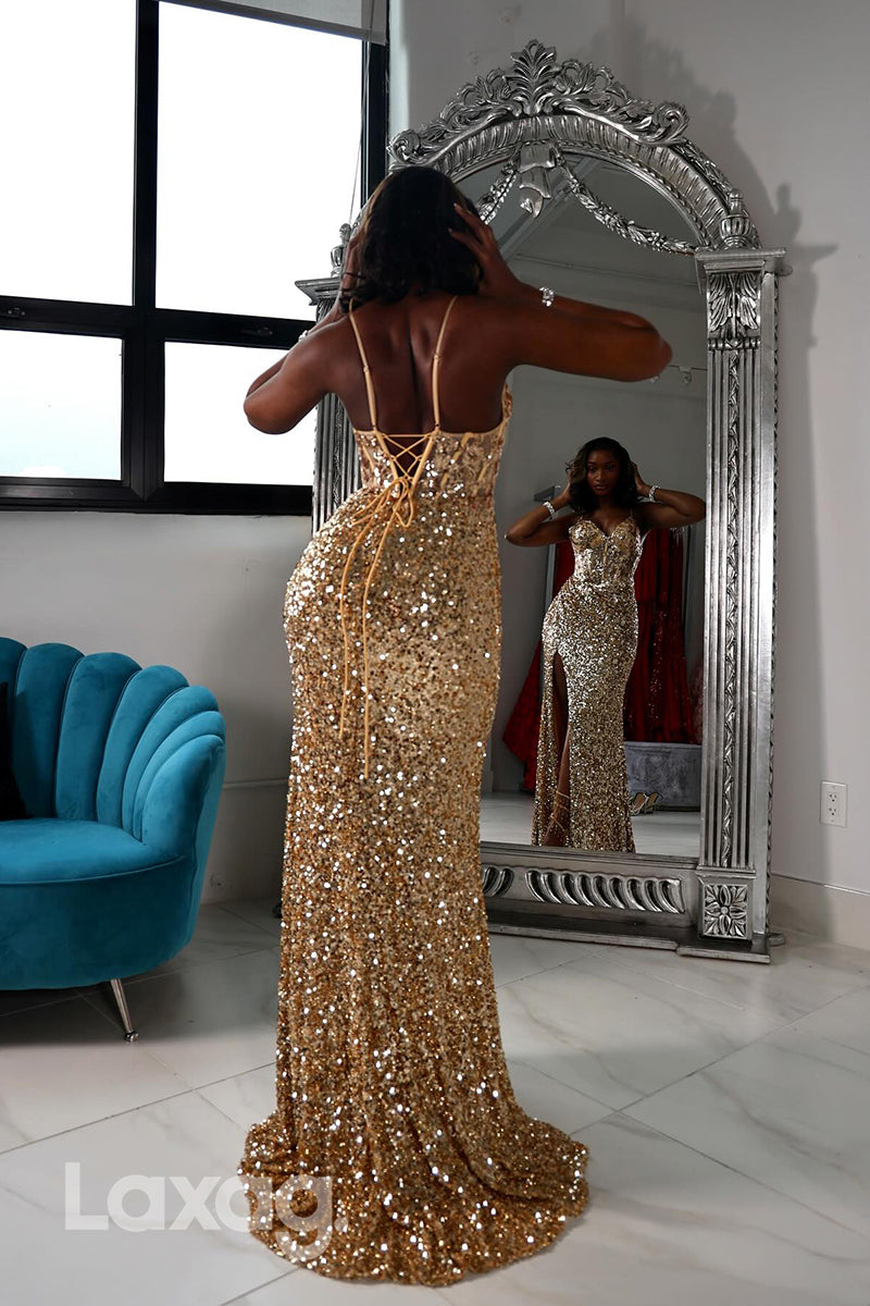 22393 - Spaghetti Straps Corset Fully Sequins Appliques High Slit Mermaid Prom Dresses for Black Girl Slay