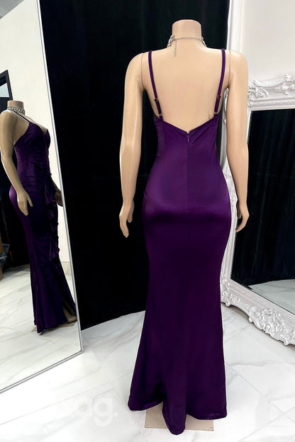 22584 - Spaghetti Straps Draped Sleek Satin Prom Dresses for Black Girl Slay with Slit