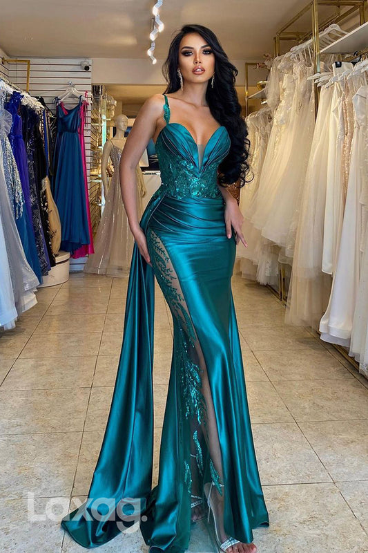 22217 - Spaghetti Straps Low V-Neck Appliques Tulle Mermaid Prom Dress with Train