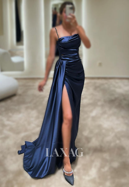 23159 - Spaghetti Straps Pleated Sleek Satin High Slit Party Prom Formal Evening Dress