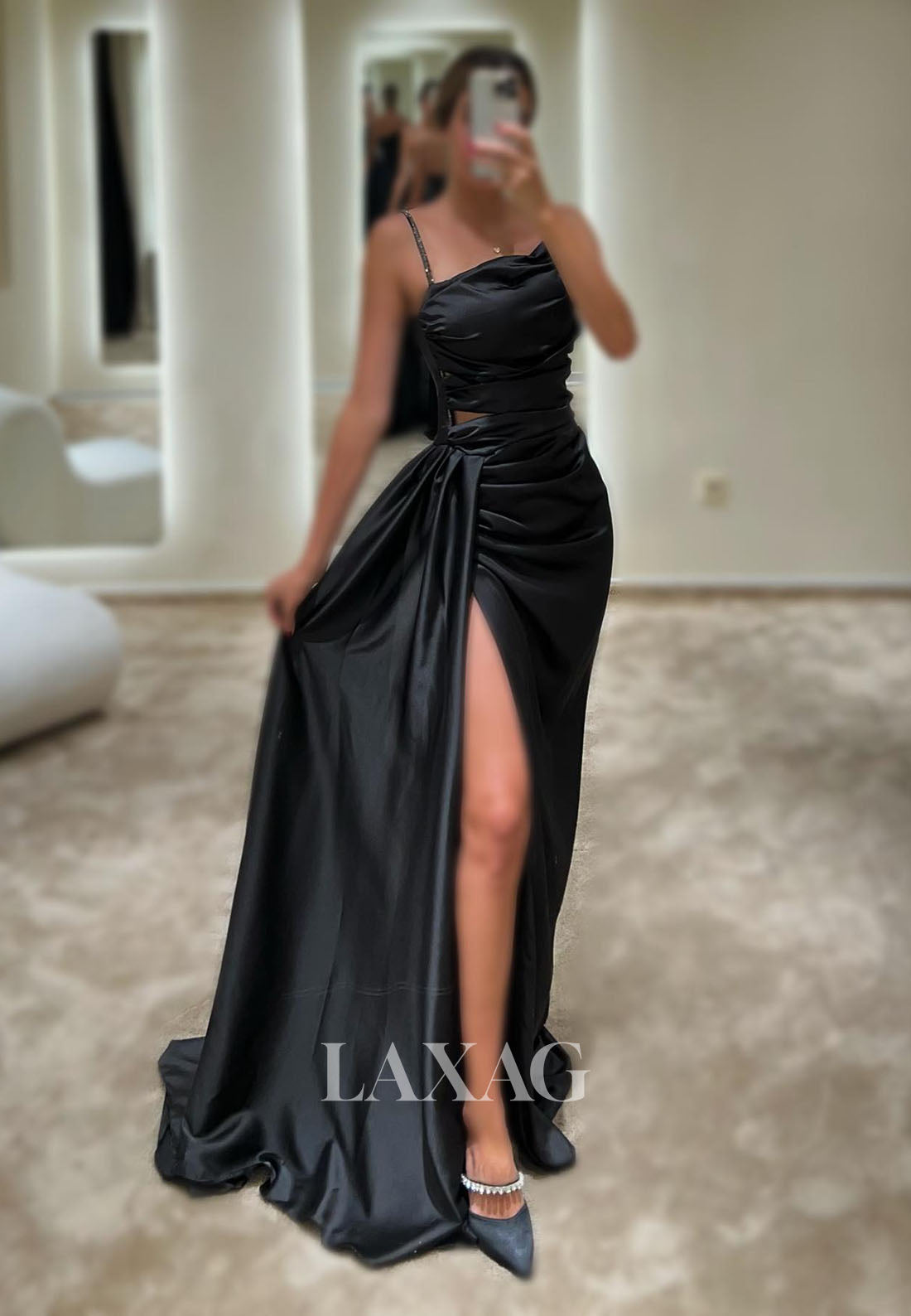 23159 - Spaghetti Straps Pleated Sleek Satin High Slit Party Prom Formal Evening Dress