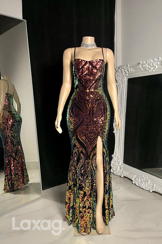 22582 - Spaghetti Straps Sequins High Slit Mermaid Prom Dresses for Black Girl Slay