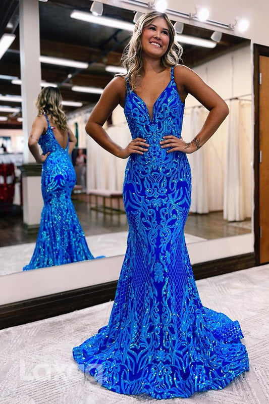 22197 - Spaghetti Straps V-Neck Backless Appliques Mermaid Party Prom Formal Evening Dress