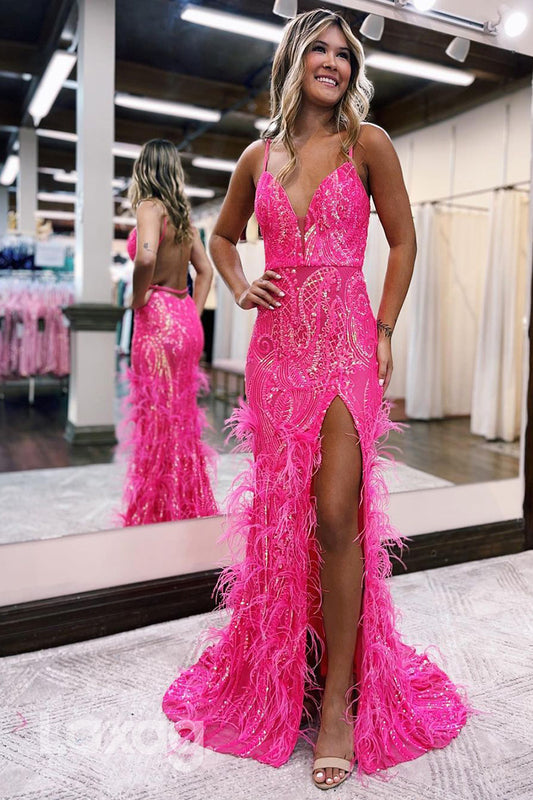 22198 - Spaghetti Straps V-Neck Backless Appliques Mermaid Prom Dress with High Slit