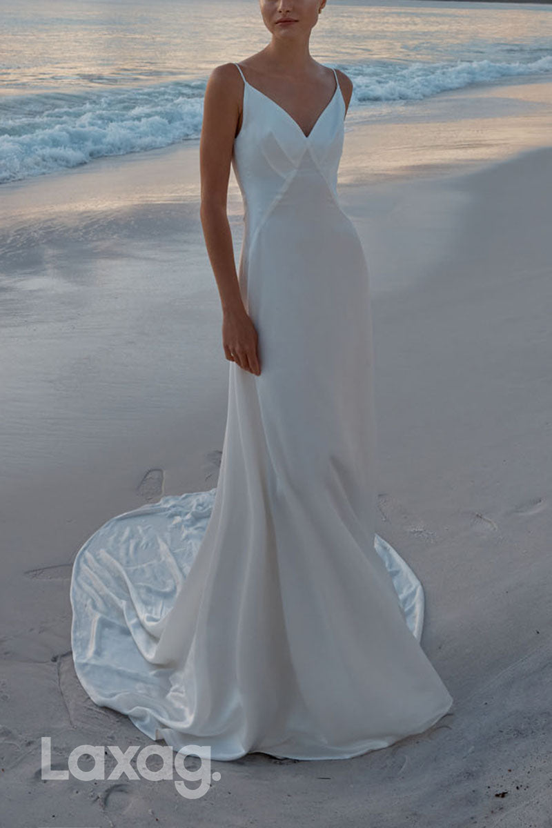 23022 - Spaghetti Straps V-Neck Backless Sleek Satin Wedding Dress with Overlay and Train