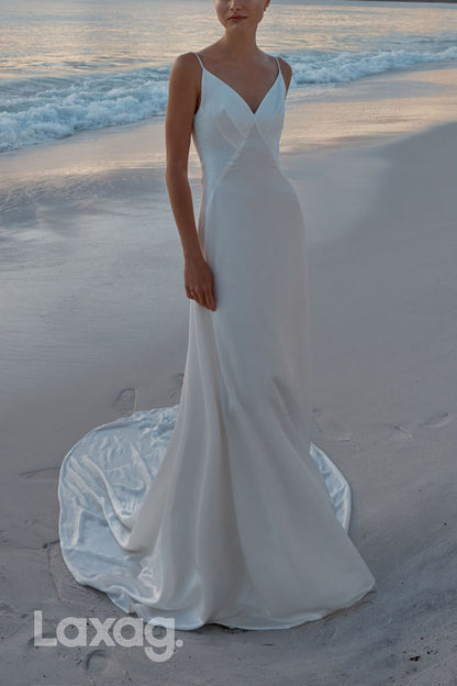 23022 - Spaghetti Straps V-Neck Backless Sleek Satin Wedding Dress with Overlay and Train