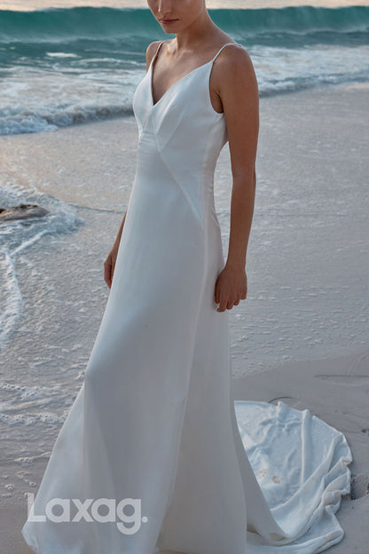 23022 - Spaghetti Straps V-Neck Backless Sleek Satin Wedding Dress with Overlay and Train