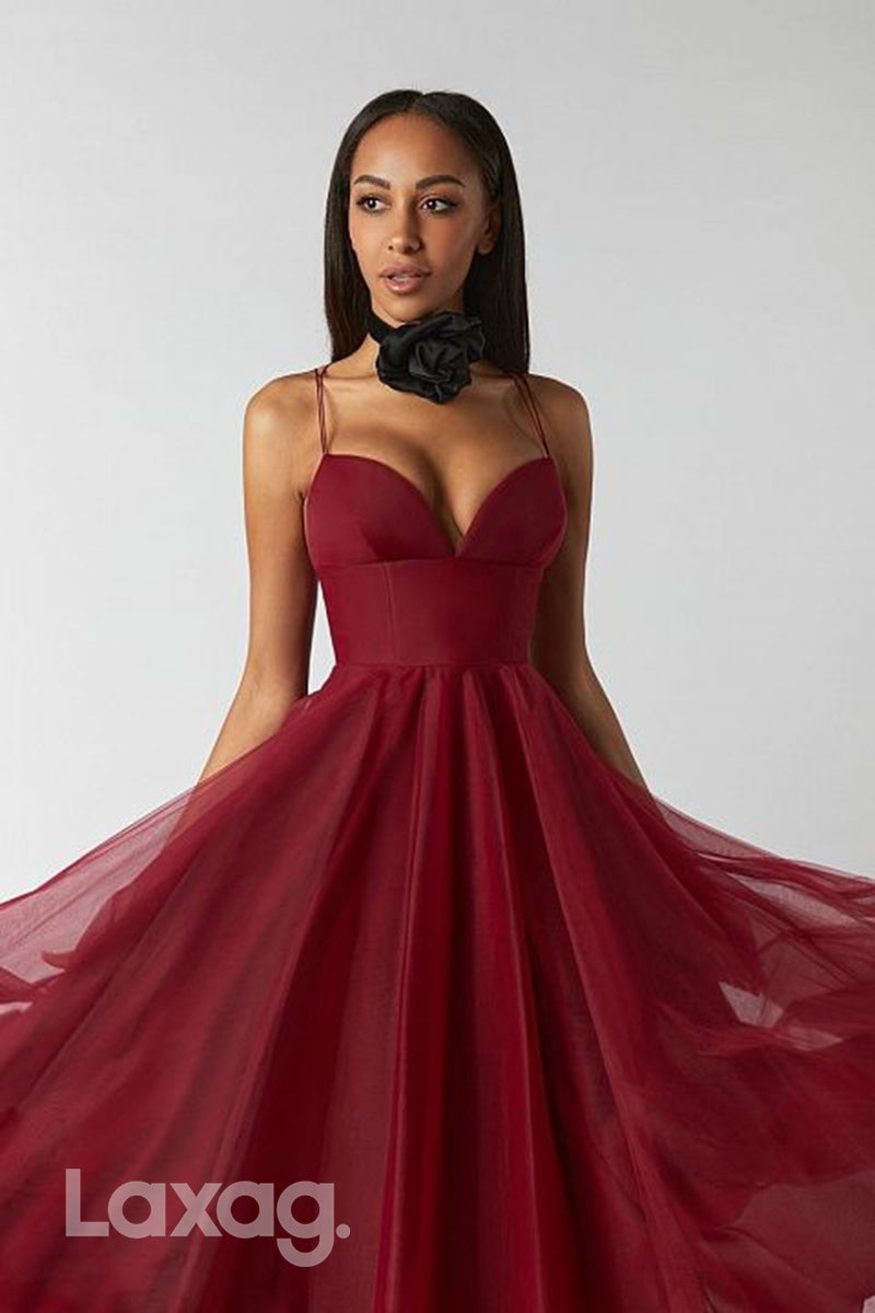 22120 - Spaghetti Straps V-Neck Backless Tulle Party Prom Formal Evening Dress