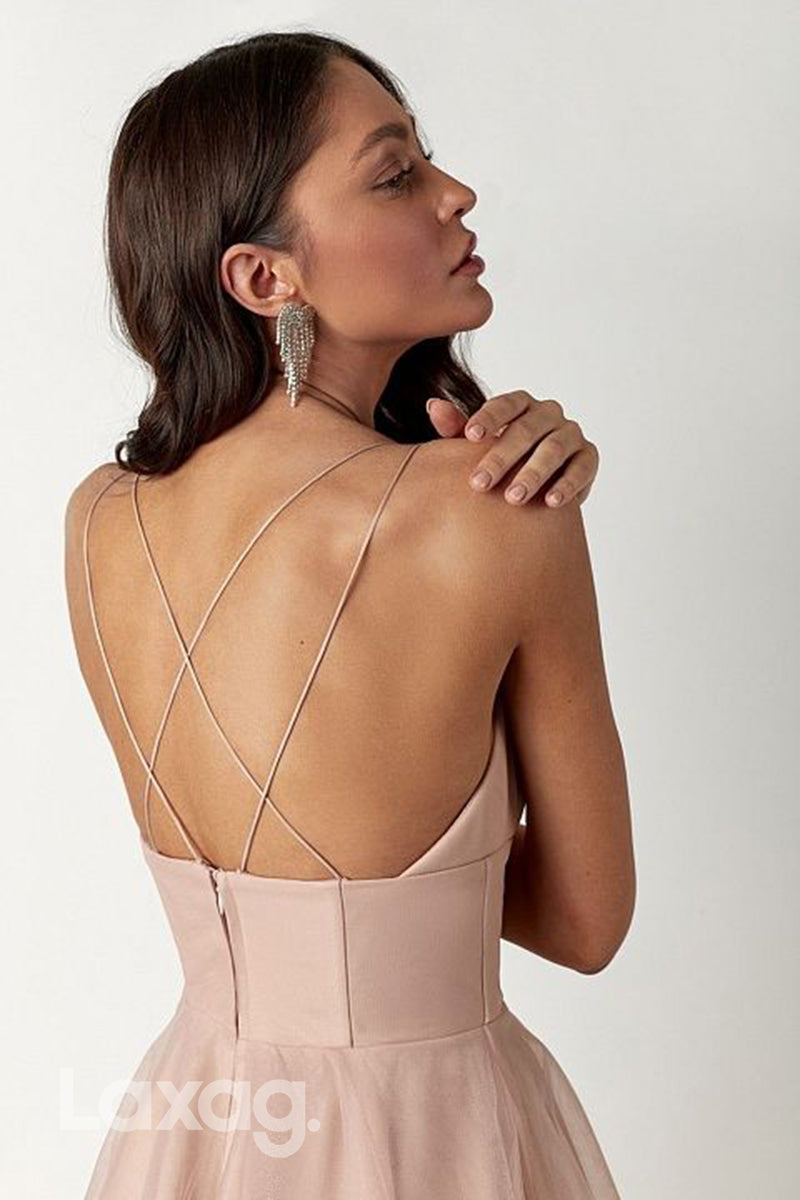 22120 - Spaghetti Straps V-Neck Backless Tulle Party Prom Formal Evening Dress