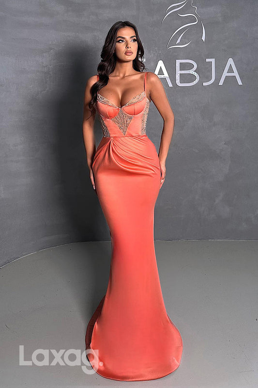22147 - Spaghetti Straps V-Neck Beaded Sleek Satin Mermaid Prom Formal Evening Dress