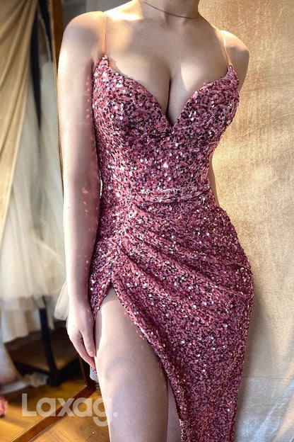22322 - Spaghetti Straps V-Neck Fully Sequins High Slit Mermaid Prom Dress