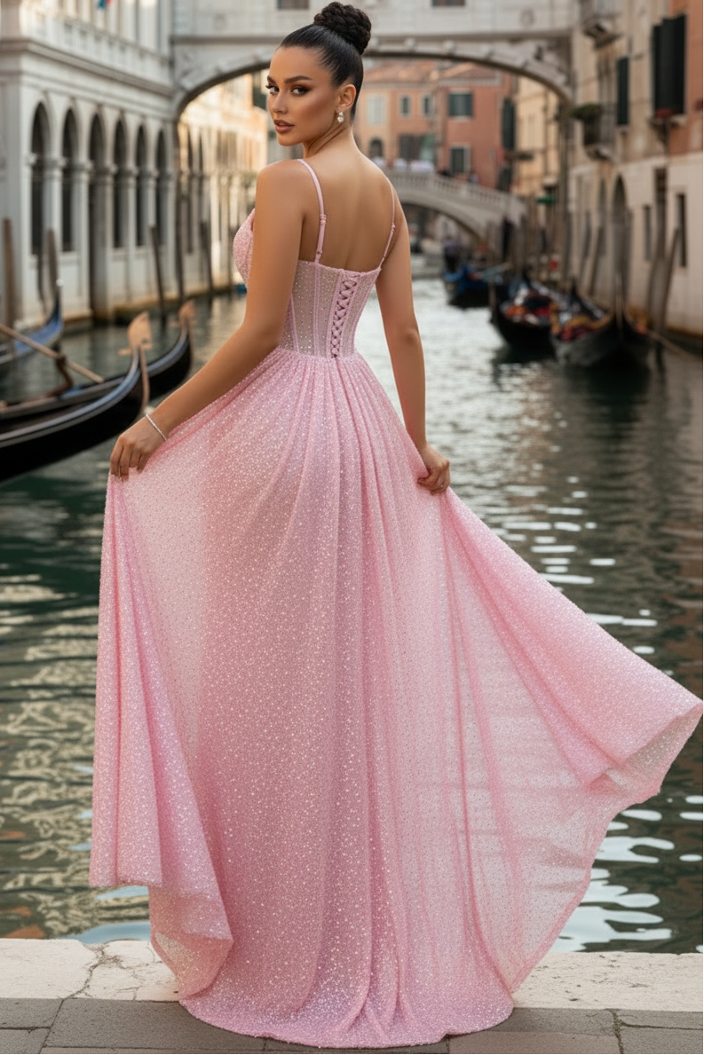 Scoop-Neck Spaghetti Straps Sleeveless Fully Sequined Pleated Mermaid Prom Dress