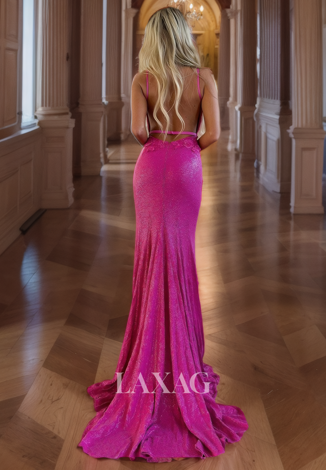 Fuchsia Slit Long Formal Party Dress with Flower Appliques Sheath&Column Prom Dress