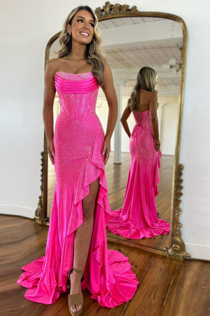 Tube Top Sleeveless Pleated Satin Party Gowns Off-Shoulder Fully Beaded Mermaid Prom Dress with Slit