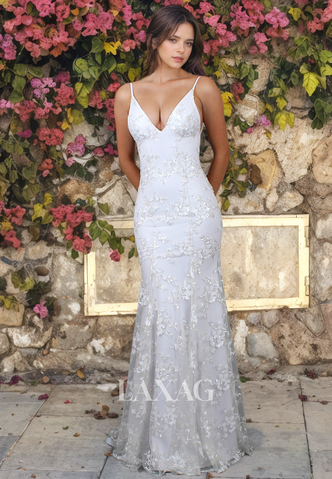 Spghetti Straps V-Neck Backless Sequins Sleek Satin Mermaid Wedding Dress with Train