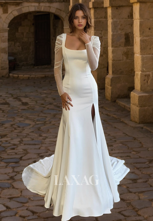 23019 - Square Long Sleeves Sleek Satin High Slit Mermaid Wedding Dress with Train