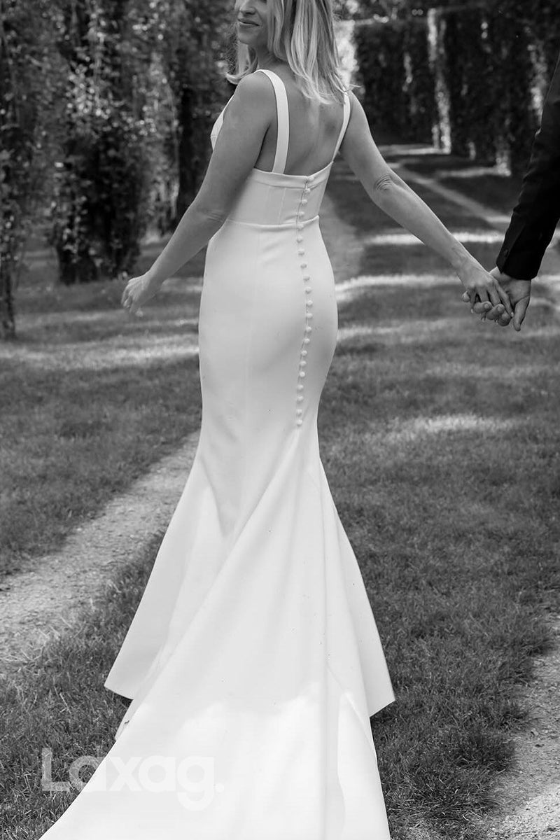 23014 - Square Sleeveless Sleek Satin Mermaid Elegant Wedding Dress with Train