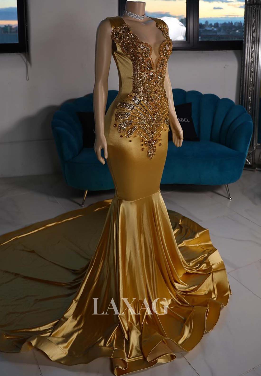 Deep V-Neck Off-Shoulder Straps Beaded Sweep Train Mermaid Prom Dress Laxag Deep V-Neck Off-Shoulder Straps Beaded Sweep Train Mermaid Prom Dress Laxag