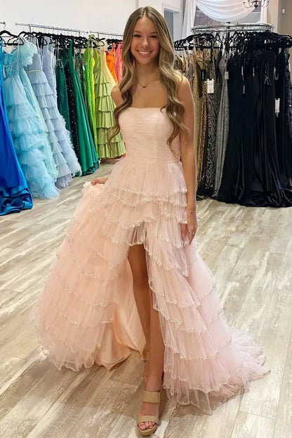 Tube Top Strapless Sleeveless Beaded Sequined Applique Tulle Tiered Prom Dress with High Slit