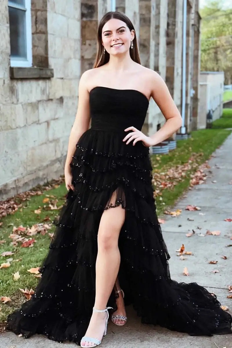 Tube Top Strapless Sleeveless Beaded Sequined Applique Tulle Tiered Prom Dress with High Slit