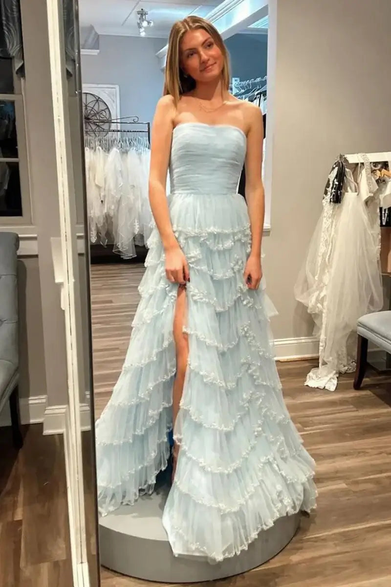 Tube Top Strapless Sleeveless Beaded Sequined Applique Tulle Tiered Prom Dress with High Slit