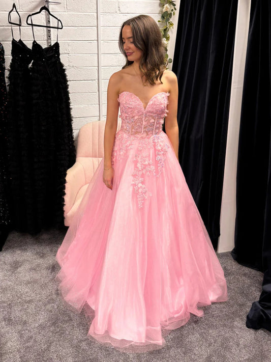 Sweetheart Off-Shoulder Sequined Applique Tulle Pleated Floor-Length A-Line Prom Dress