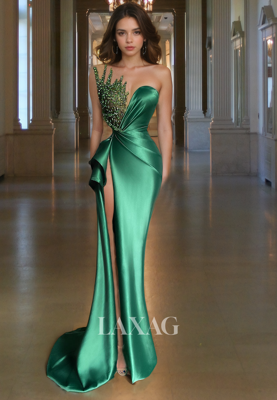 Strapless Beaded High Slit Sleek Satin Party Prom Formal Evening Dress with Train