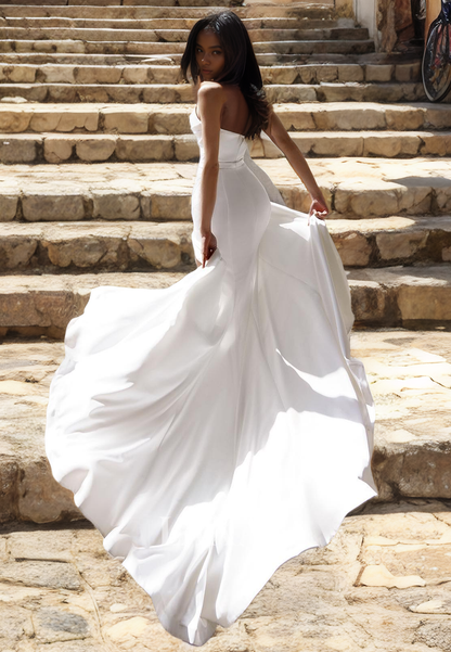 Strapless Beaded Pleated Sleek Satin High Slit Elegant Wedding Dress with Train