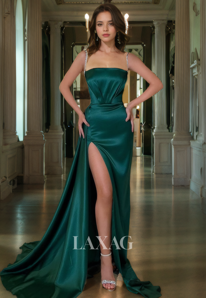 15723 - Green Rhinestone Straps High Split Sheath Draped Prom Evening Dress