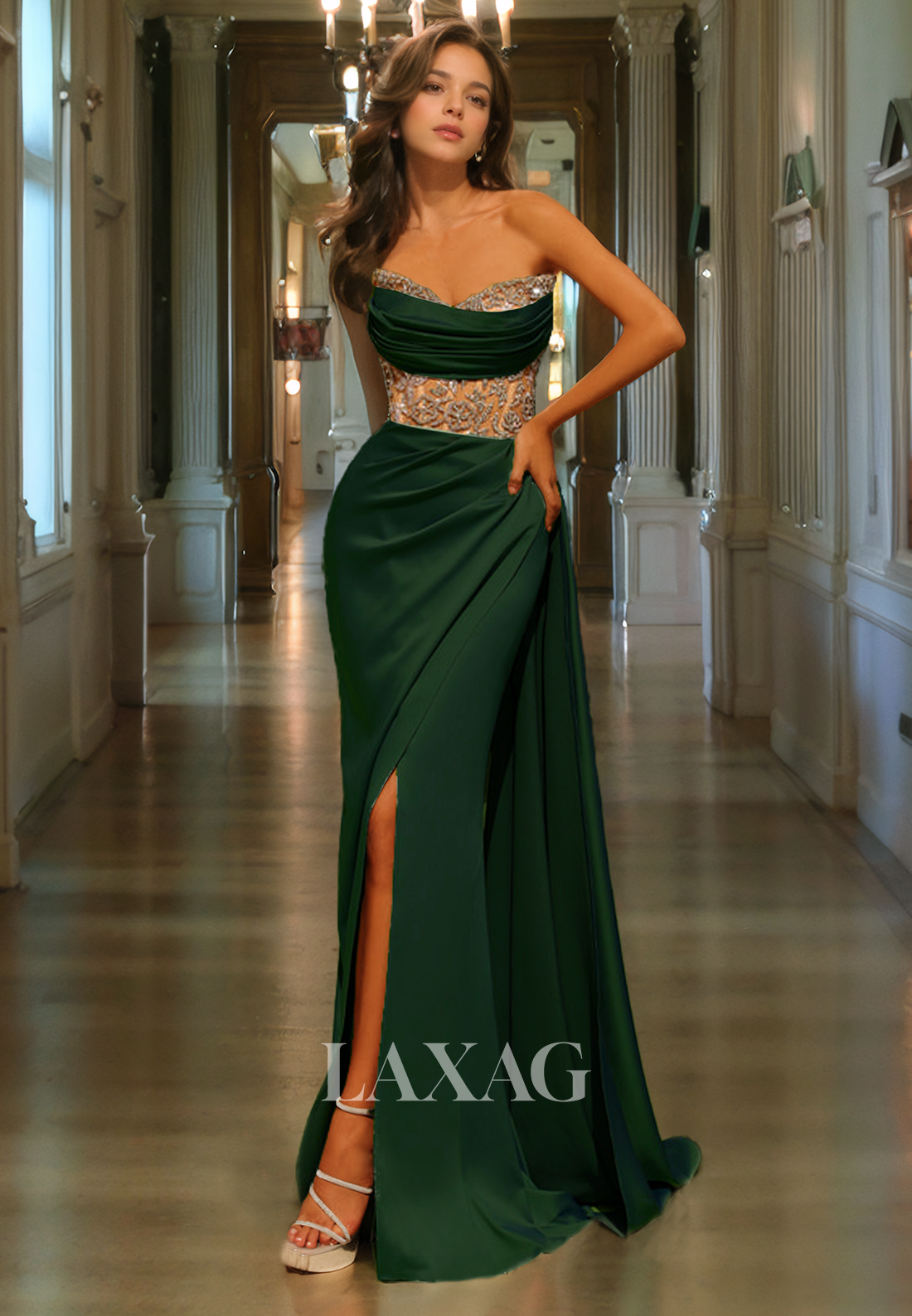 Strapless Beaded Sleek Satin High Slit Party Prom Formal Evening Dress with Train