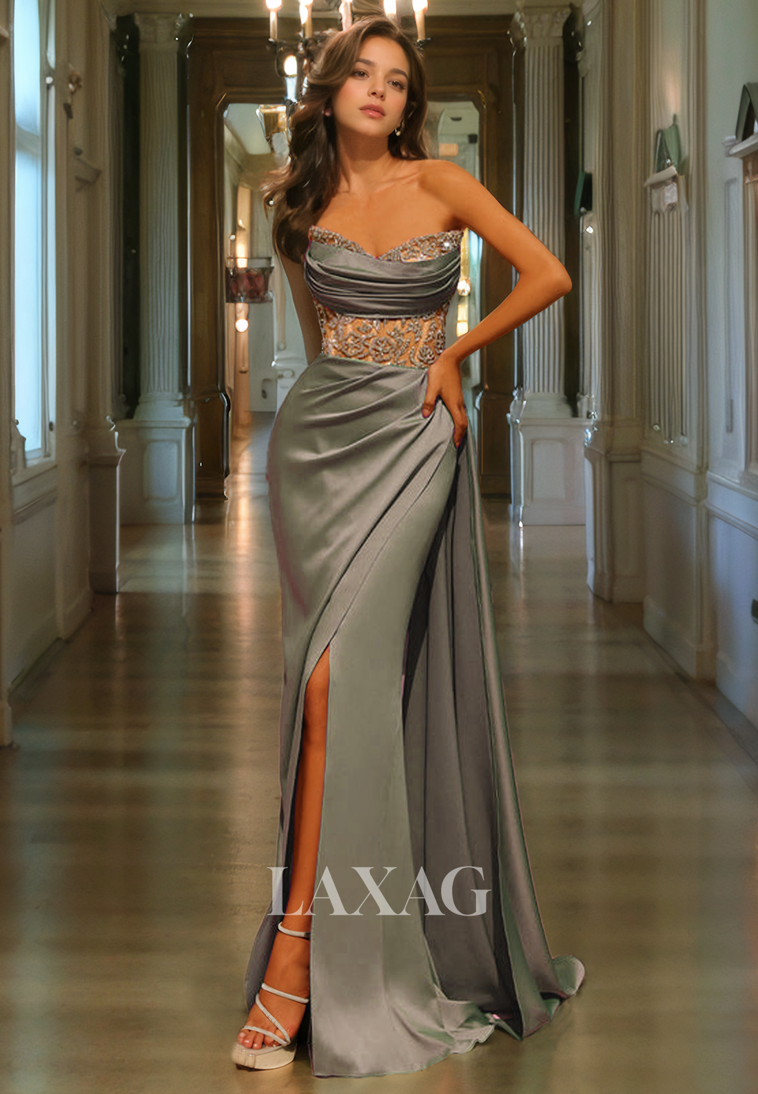 strapless beaded party dress ASHLEYlauren 11817 Strapless Fully Beaded Gown with Slit