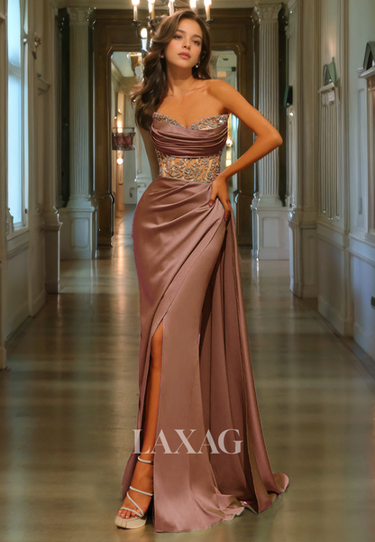 Strapless Beaded Sleek Satin High Slit Party Prom Formal Evening Dress with Train