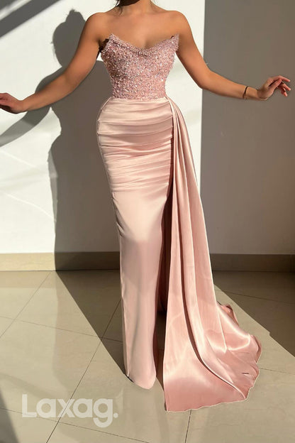 22209 - Strapless Beaded Sleek Satin Mermaid Party Prom Formal Evening Dress