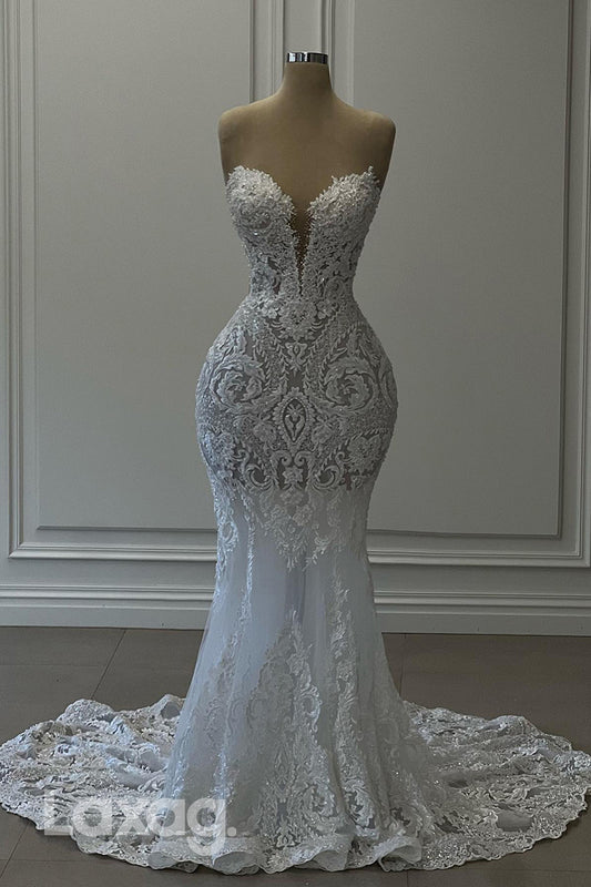 22356 - Strapless Beaded Tulle Appliques illusion Mermaid Wedding Dress with Train