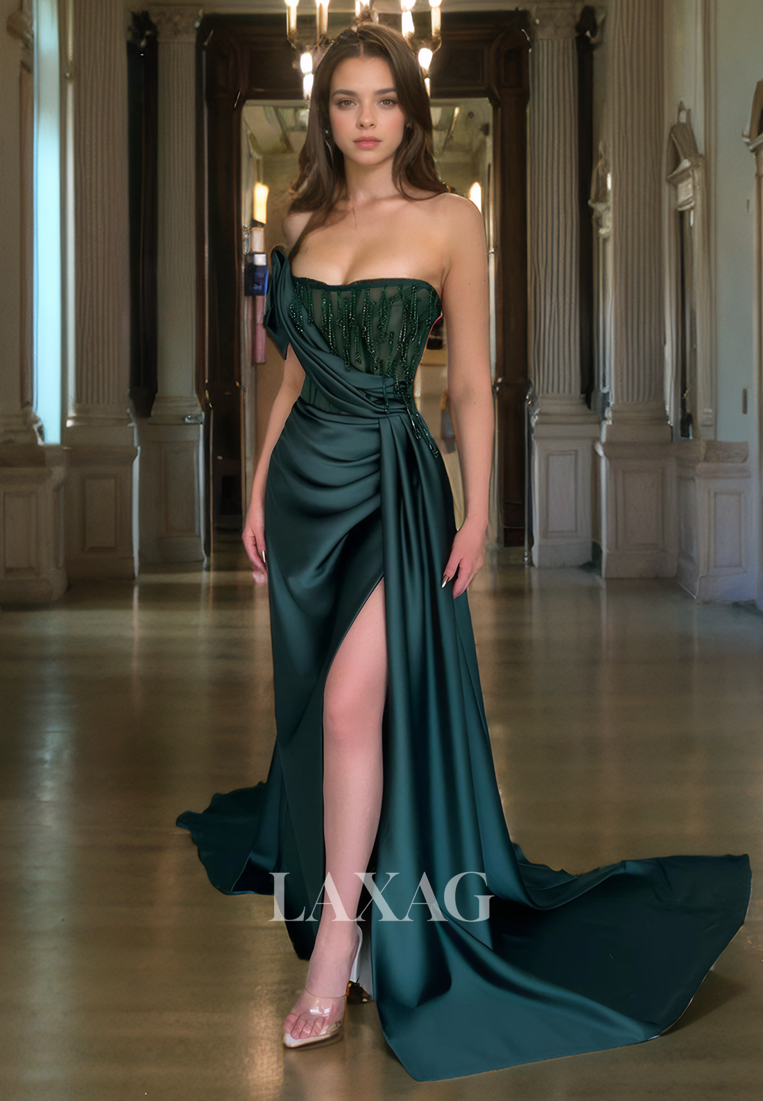 Strapless Beaded Tulle High Slit Sleek Satin Party Prom Formal Evening Dress with Train