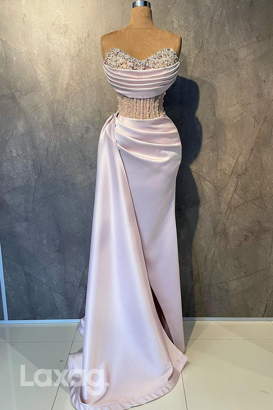 22179 - Strapless Beaded illusion Draped Sleek Satin Party Prom Formal Evening Dress